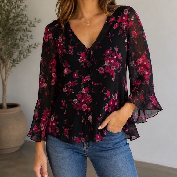 Anne Carson Tops - Anne Carson Black Floral Sheer V-Neck Blouse with Pink Flowers